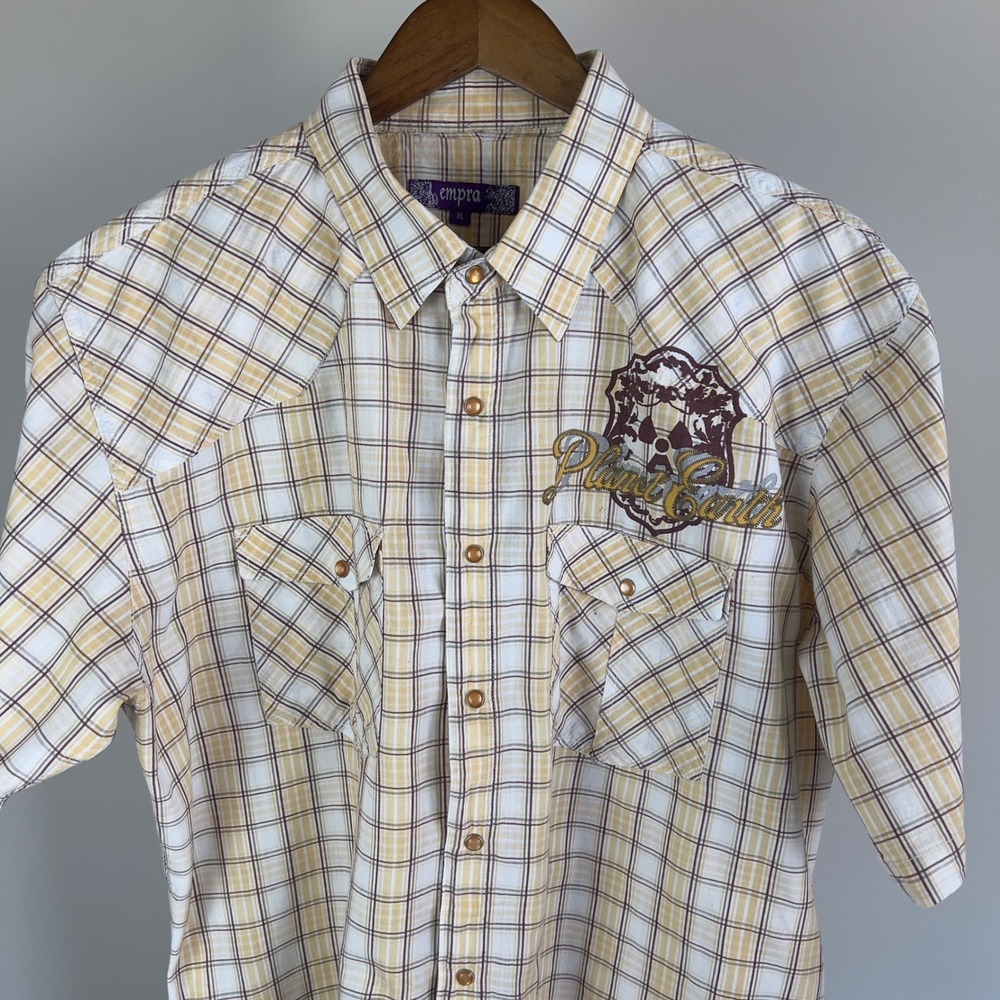 Empra Mens XL Western Plaid Shirt Short Sleeve Planet Earth Graphic Yellow